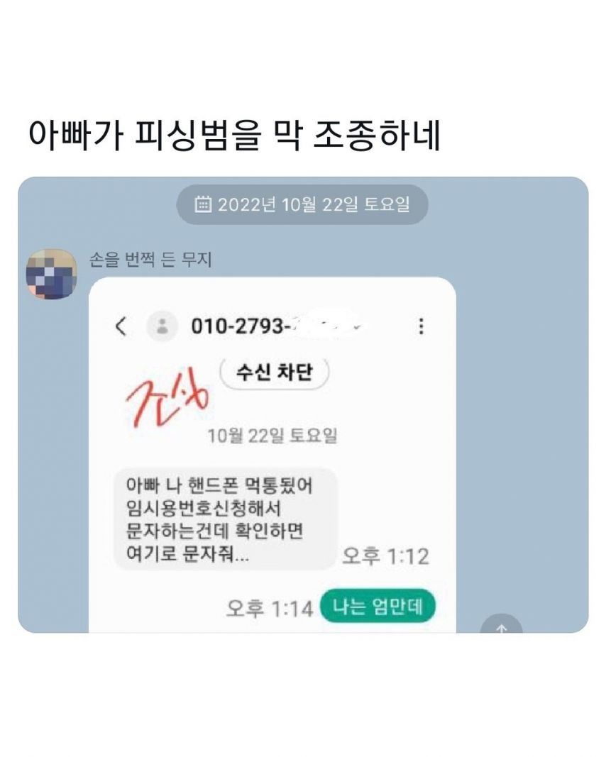 아빠가 피싱범을 막 조종함